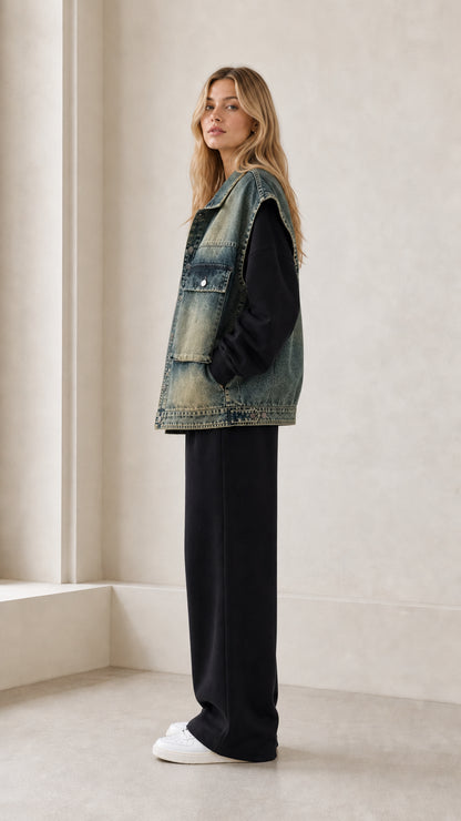 Side profile view of woman wearing vintage blue denim sleeveless vest jacket
