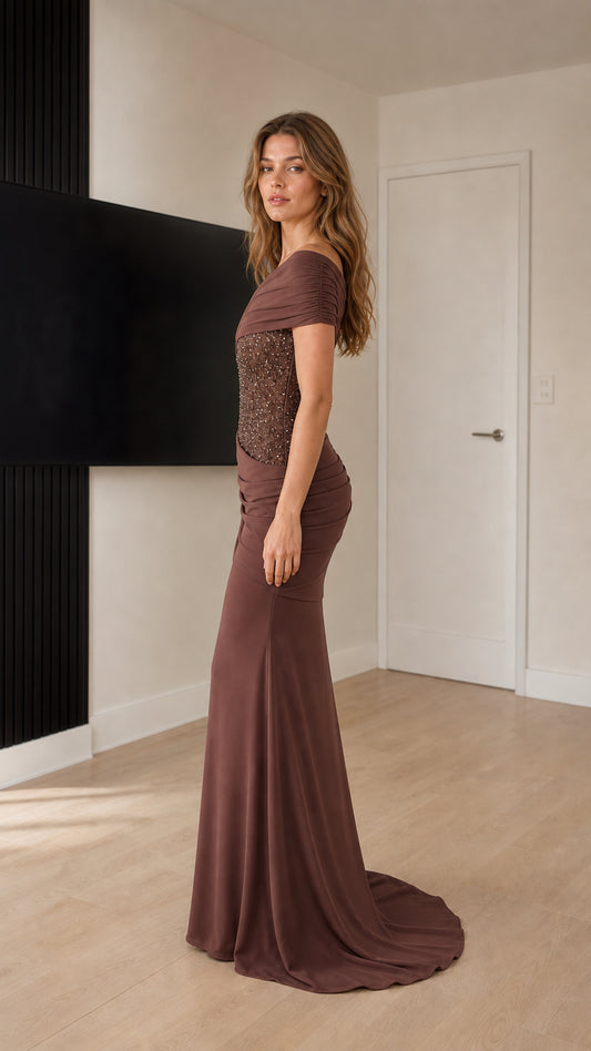 Side profile view of Mocha Brown one-shoulder formal evening dress with train