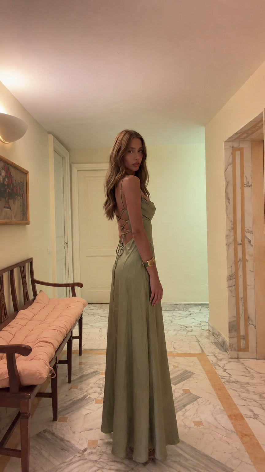 Model in Sage Green backless lace-up satin formal maxi dress - 3/4 back view
