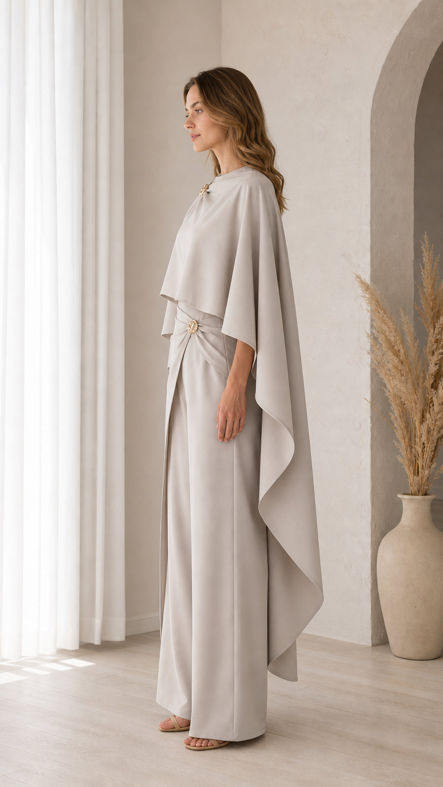 Side profile view of model in Light Grey draped cape top and floor-length trousers