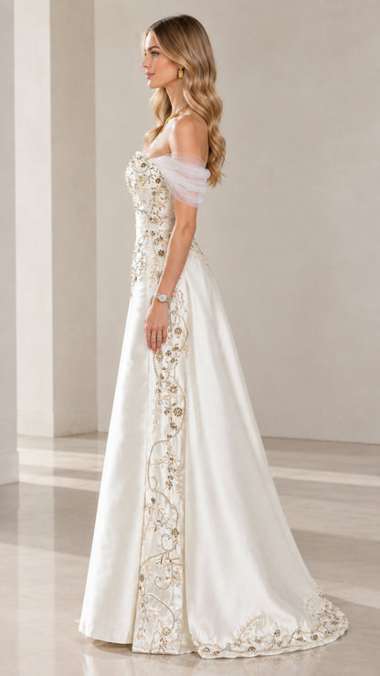 Side profile view of ivory satin A-line formal gown with sheer drape sleeves