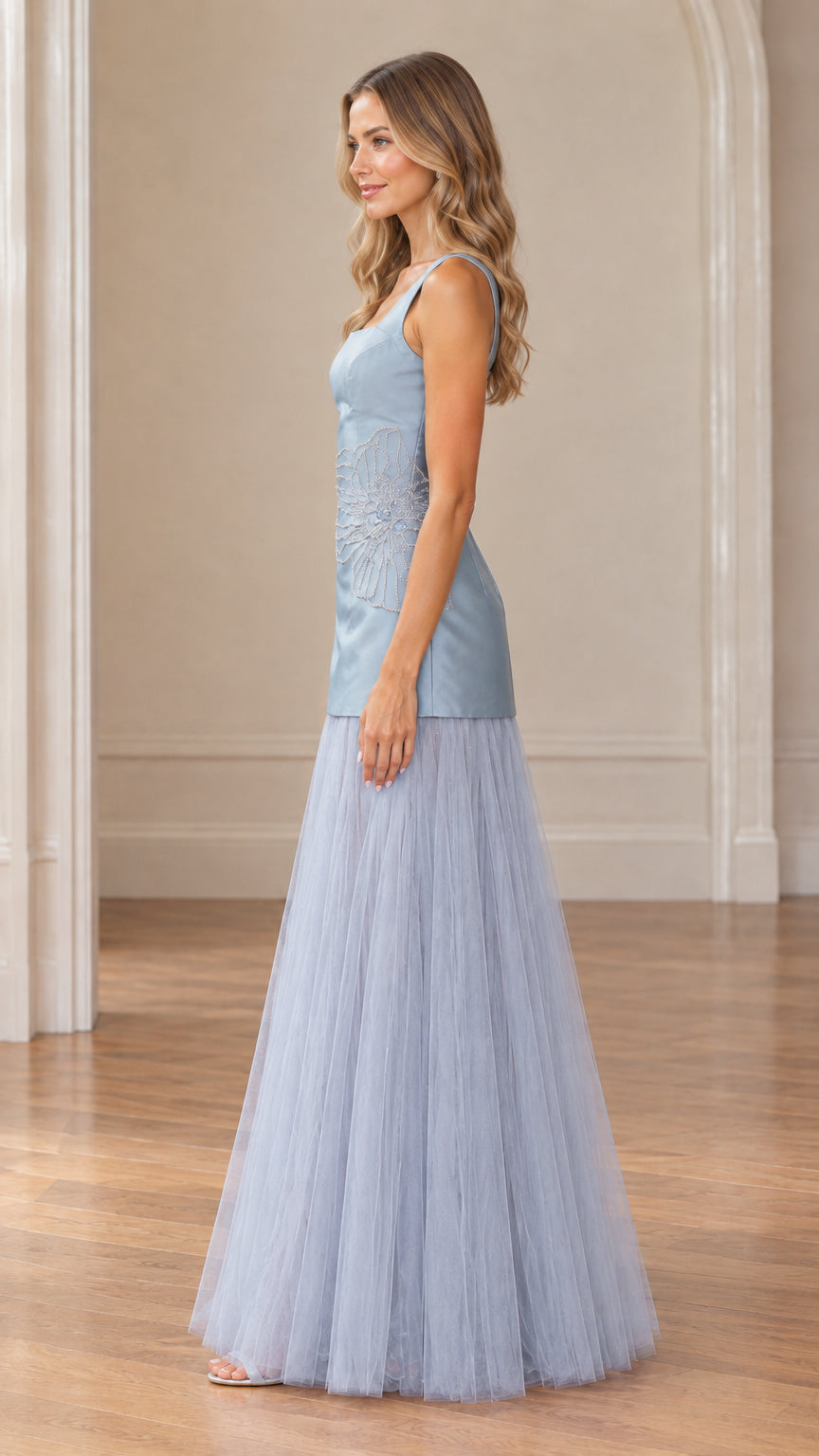 Dusty blue drop waist tulle formal gown side view