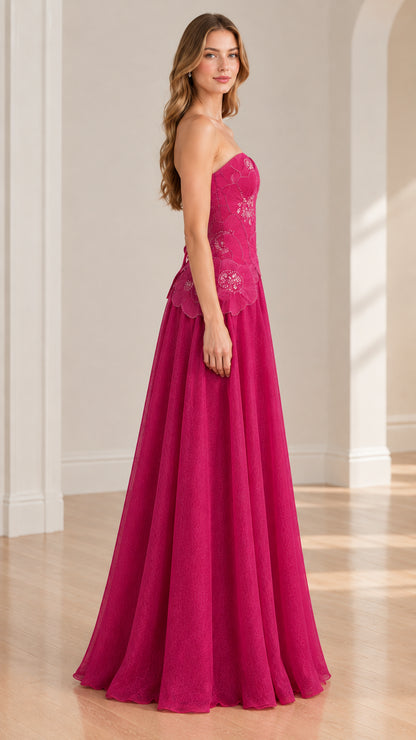 Side view of fuchsia pink floor-length corset evening gown