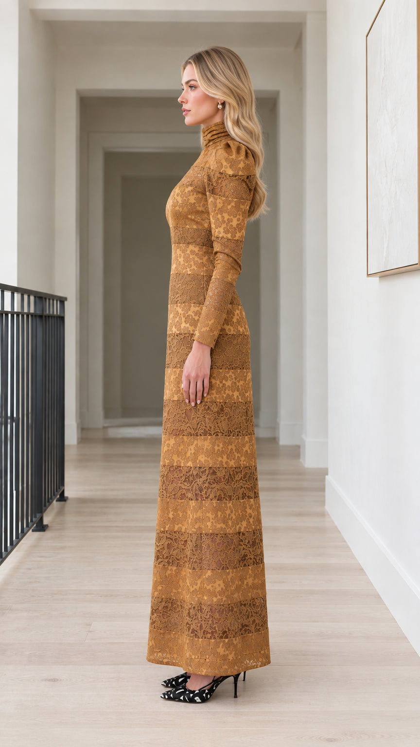 Side profile view of model wearing Mustard Brown long sleeve tiered lace evening gown