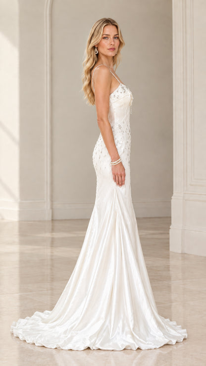 Side profile of woman wearing ivory satin trumpet formal dress