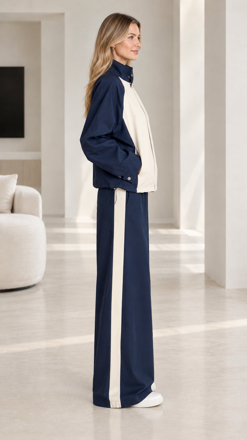 Side profile view of navy blue tracksuit set showing side stripe pants