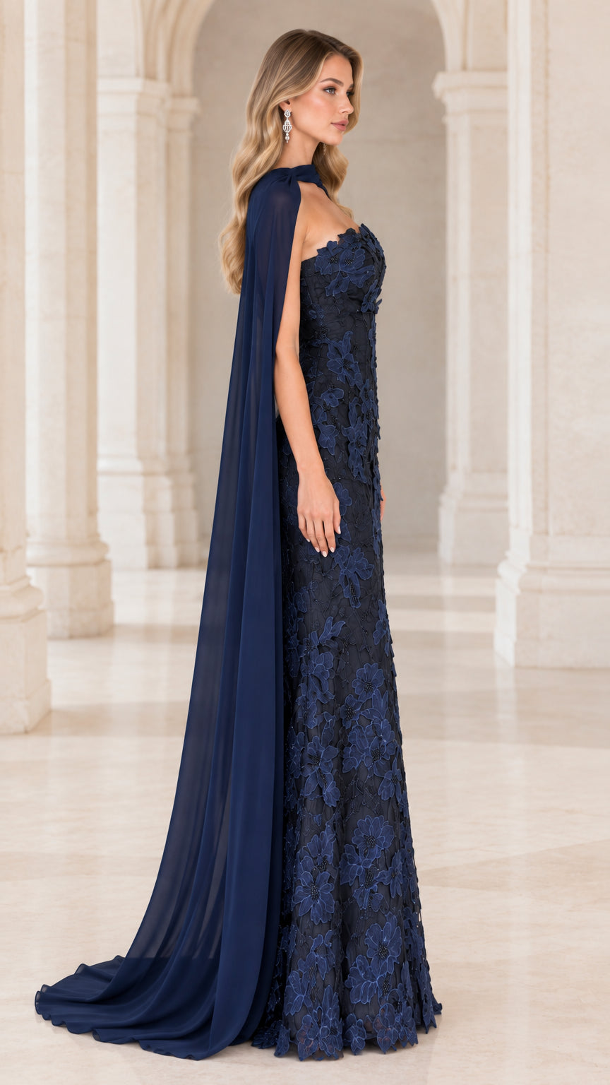 Navy Blue Lace Formal Cape Gown - Side Angle View