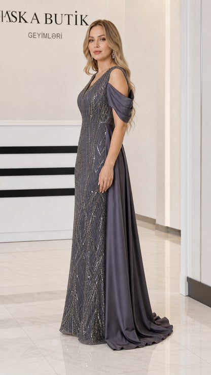 Side profile view of Charcoal Grey sequin formal gown with flowing train