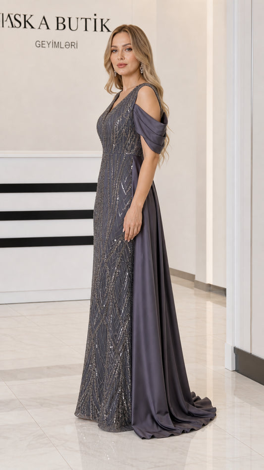 Side profile view of Charcoal Grey sequin formal gown with flowing train