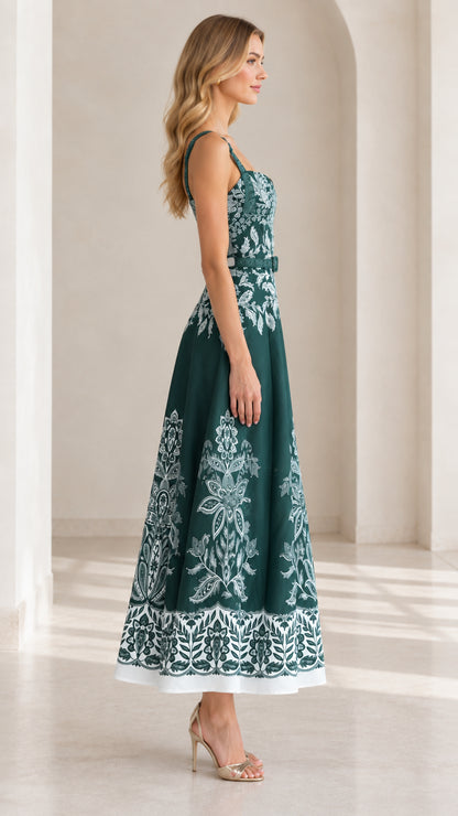 Emerald Green floral print midi dress side view showing silhouette and belt