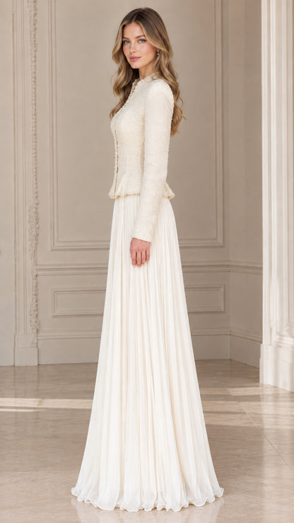 Side profile view of ivory cream formal peplum evening suit set