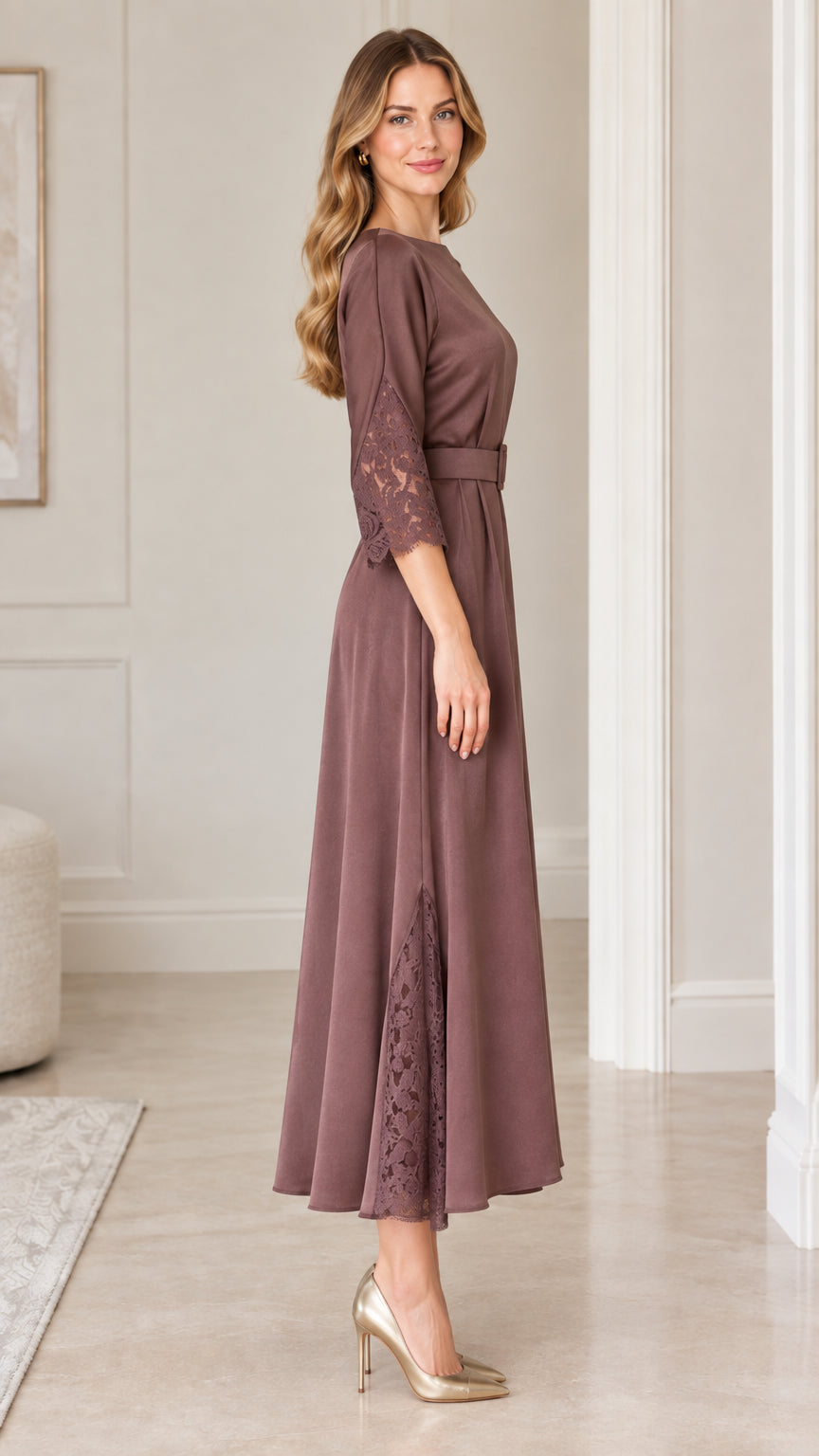 Side profile view of mauve belted midi dress with 3/4 lace-trimmed sleeves