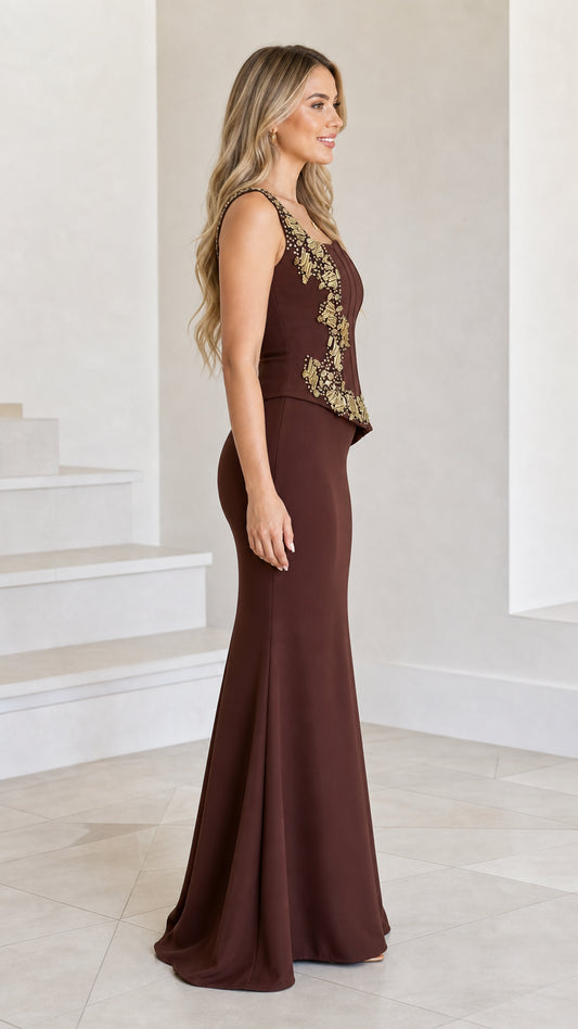 Side profile view of Chocolate Brown mermaid gown showing beaded bodice detail