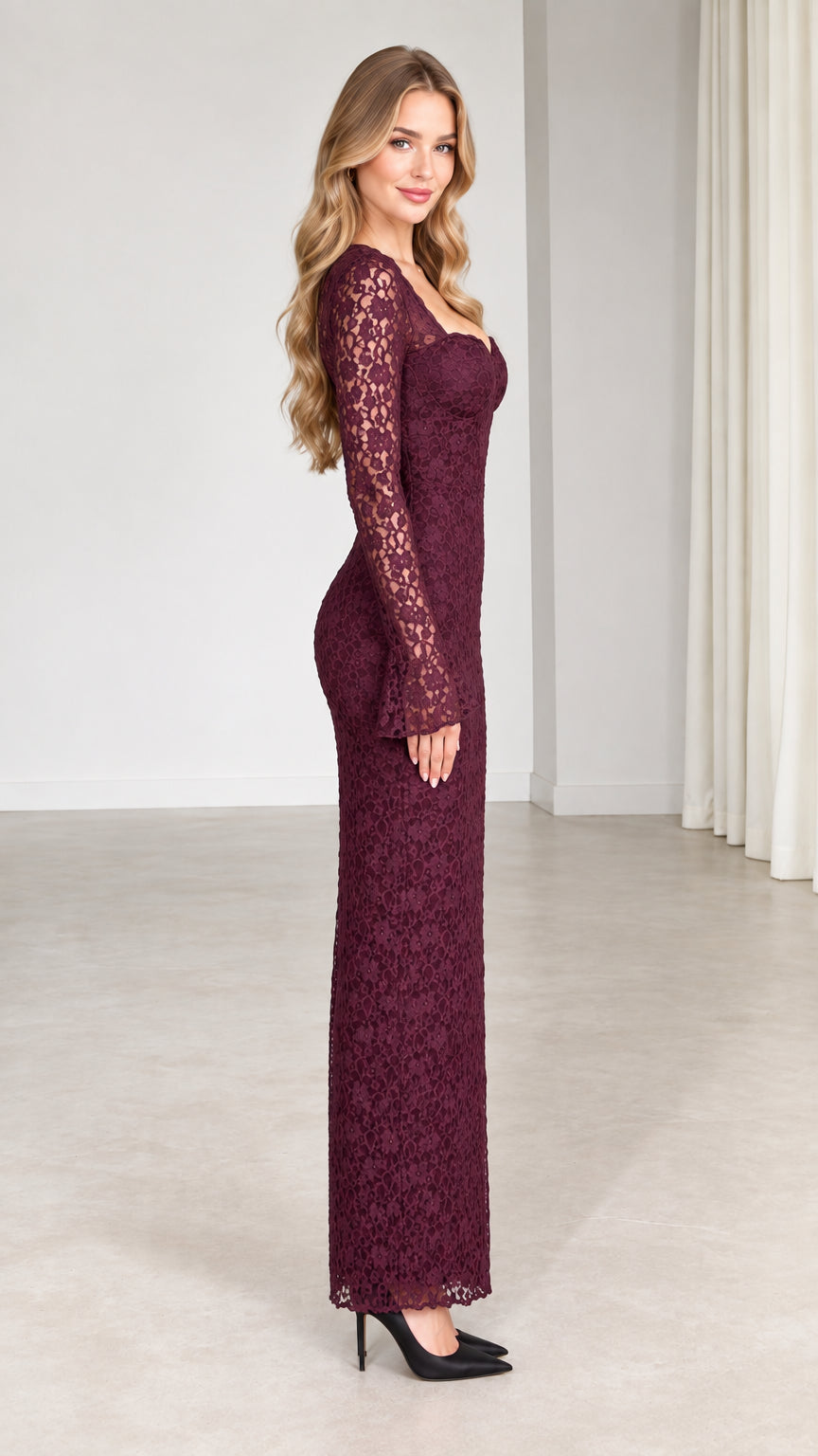Side profile of model in burgundy long sleeve lace evening gown