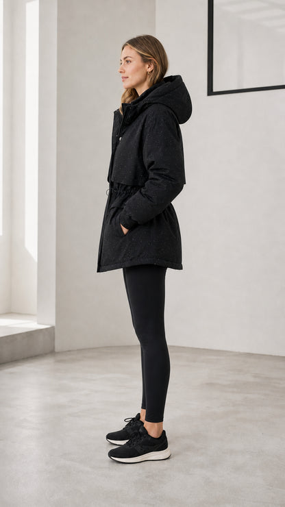 Side profile view of model wearing black winter parka with hood and cinched waist