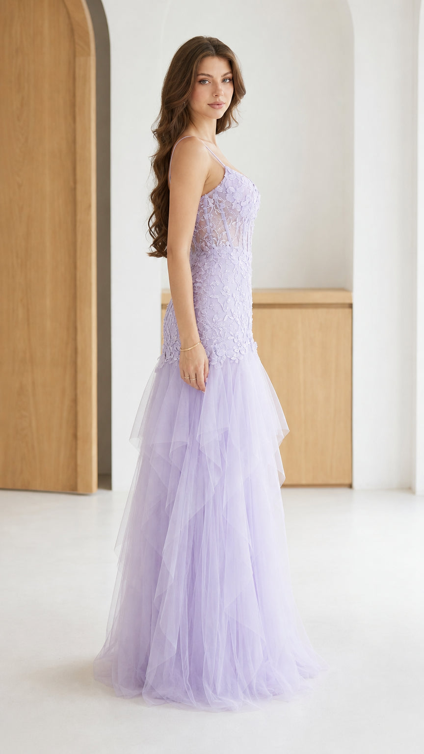 Side profile of lavender sheer corset tulle formal maxi dress