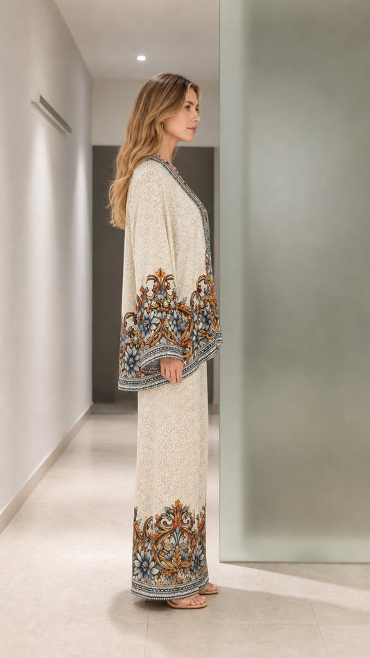 Side profile view of cream floral print two-piece tunic and wide leg trousers set
