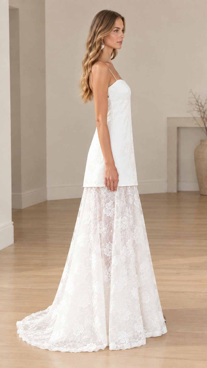 Side profile of white floral lace drop-waist evening dress with train