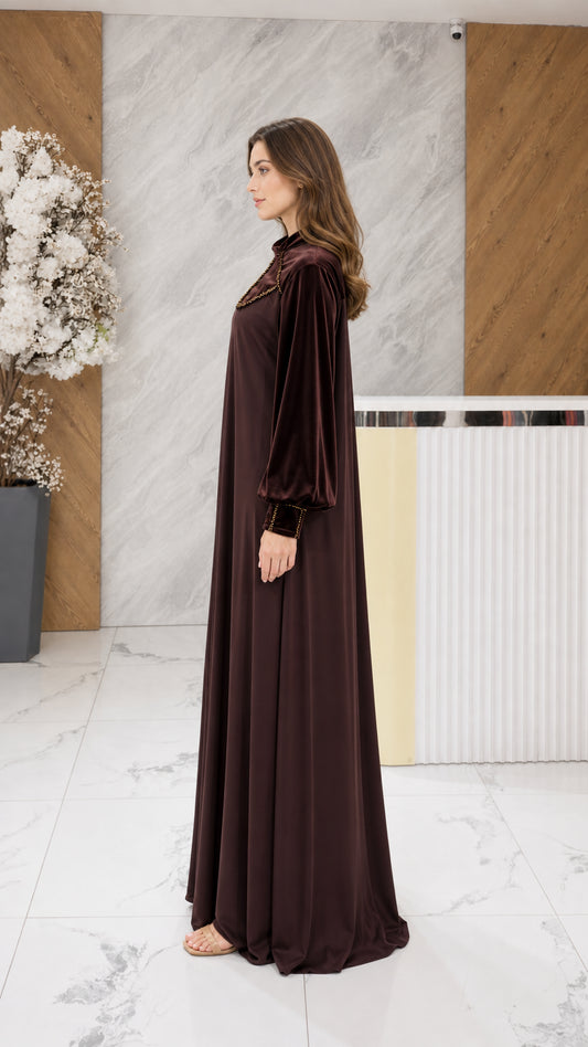 Chocolate brown velvet long sleeve evening gown side profile