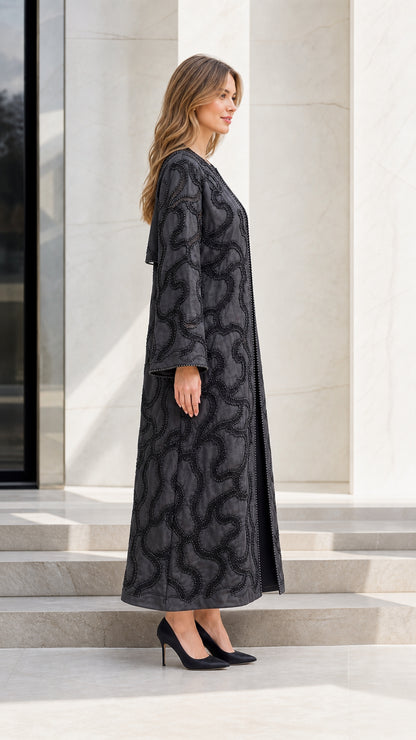 Model wearing Black embellished kimono duster side view