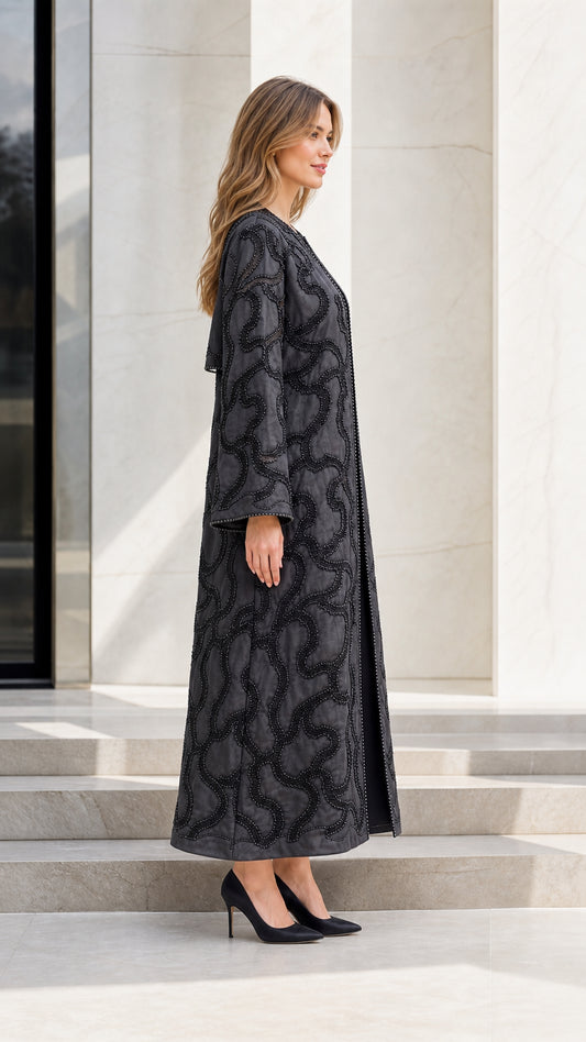 Model wearing Black embellished kimono duster side view