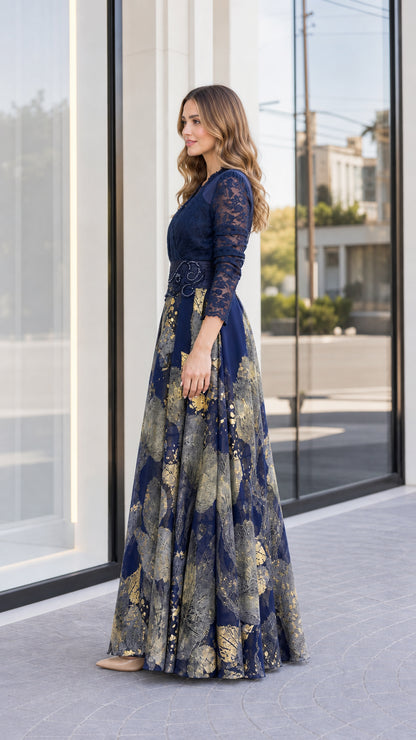 Side view of woman wearing navy blue and gold metallic formal maxi dress
