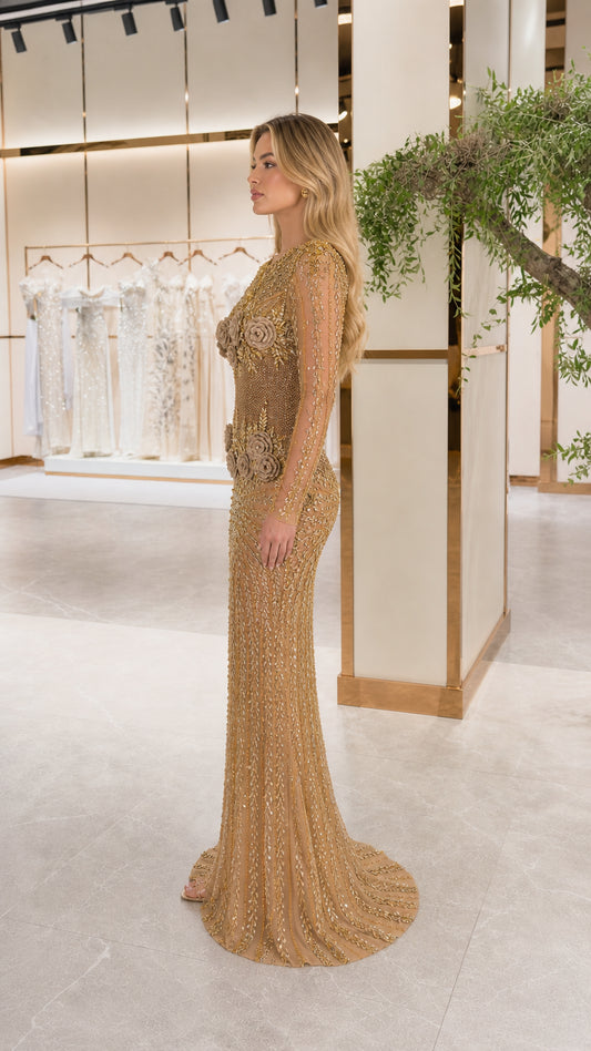 Gold embellished formal gown side profile view