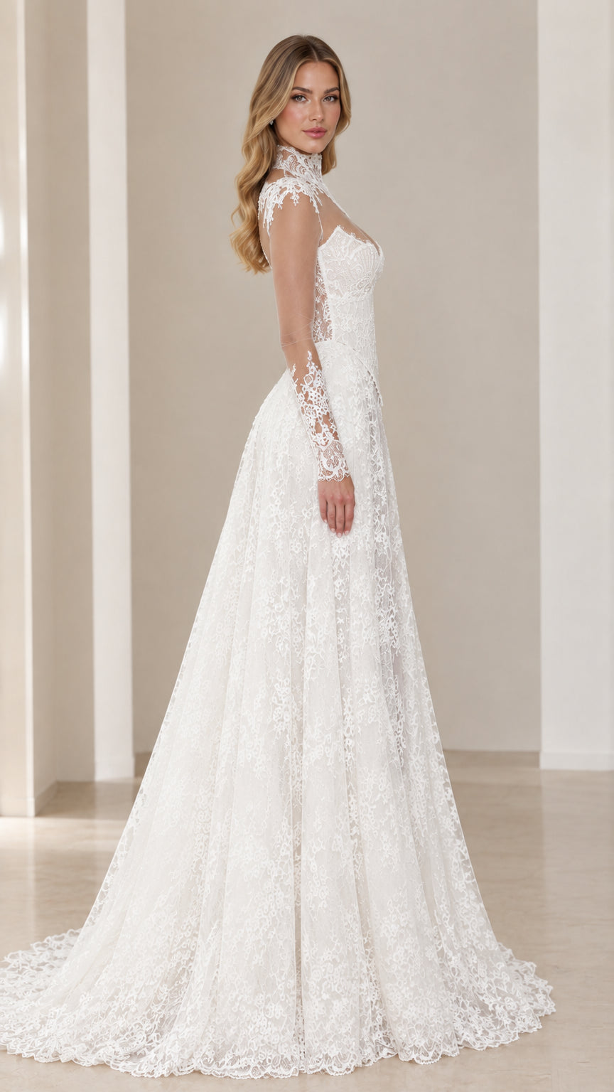 Side profile of model wearing the White high neck lace wedding dress with flowing skirt