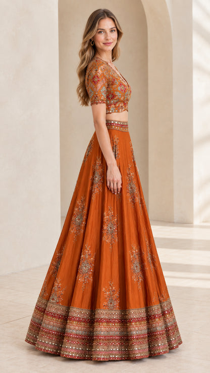 Side profile of woman wearing Rust Orange embroidered two-piece lehenga set
