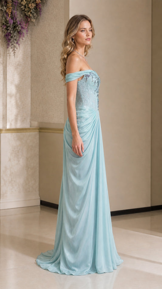Side profile of sky blue formal gown showing elegant silhouette and draped skirt