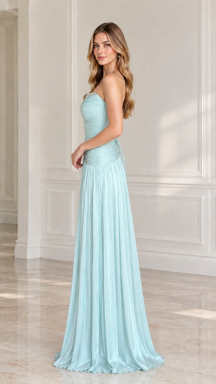 Side profile view of light blue strapless ruched formal maxi dress
