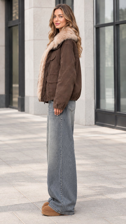 Side profile of model in brown casual winter jacket with plush faux fur collar