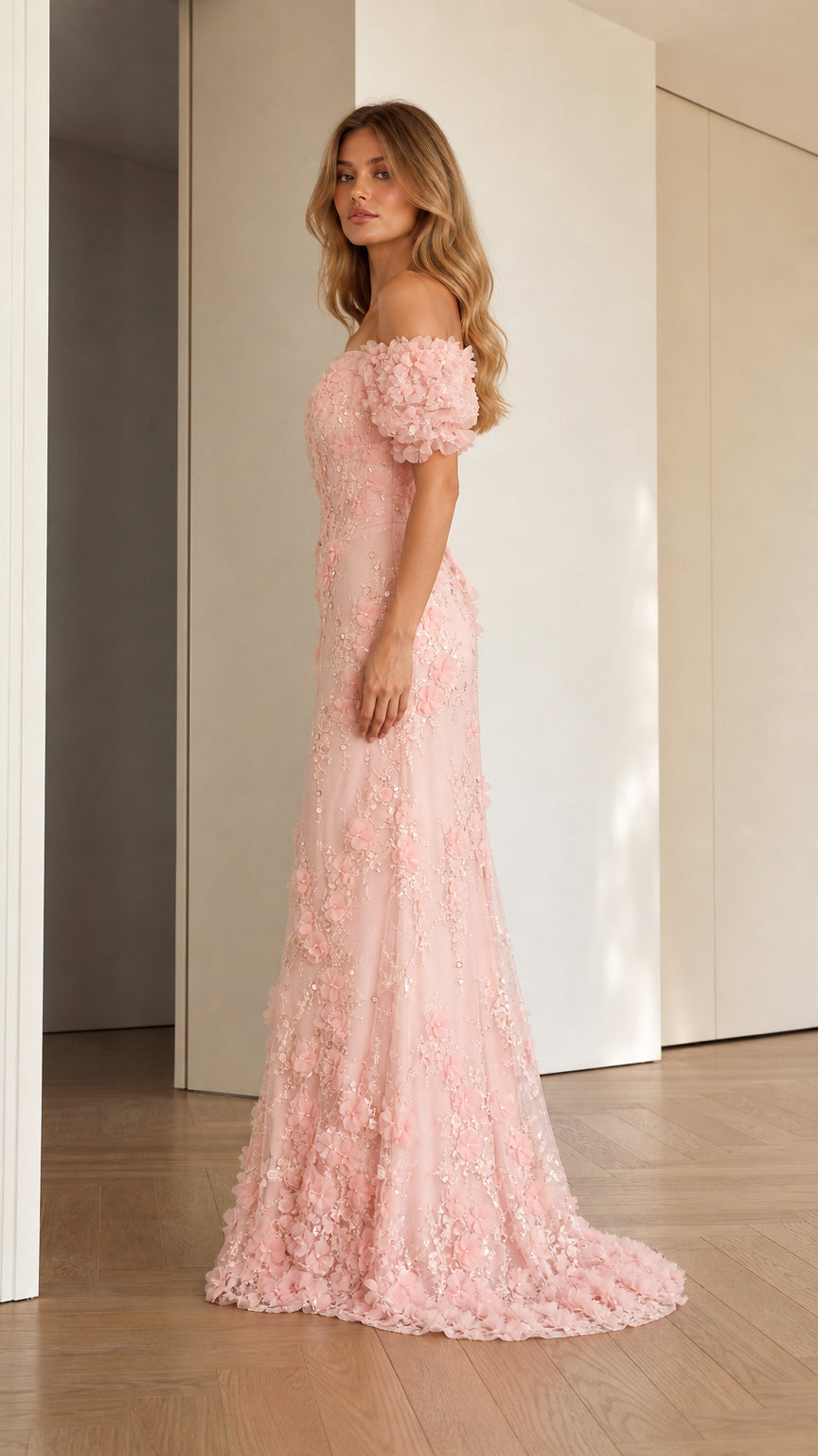 Side profile view of blush pink 3D floral sequin floor-length formal gown