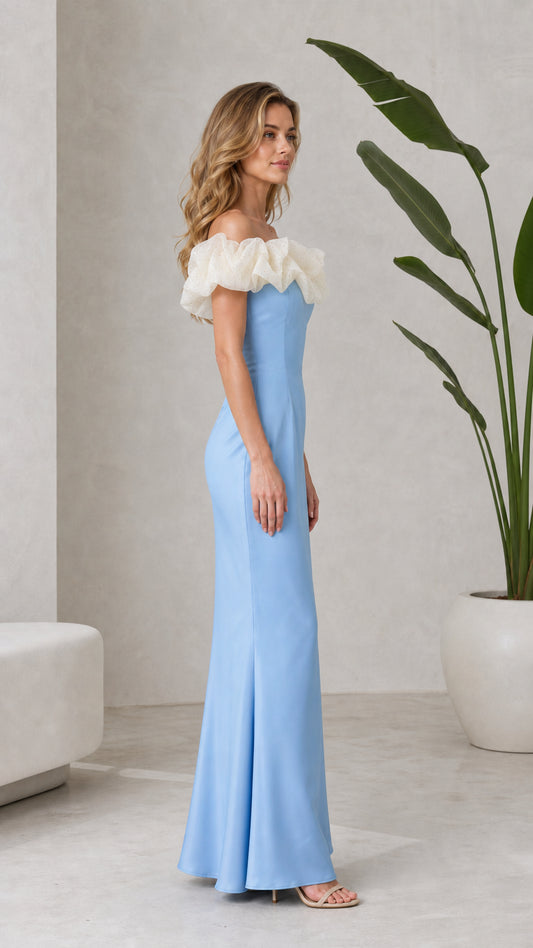 Side view of Light Blue off-the-shoulder evening dress