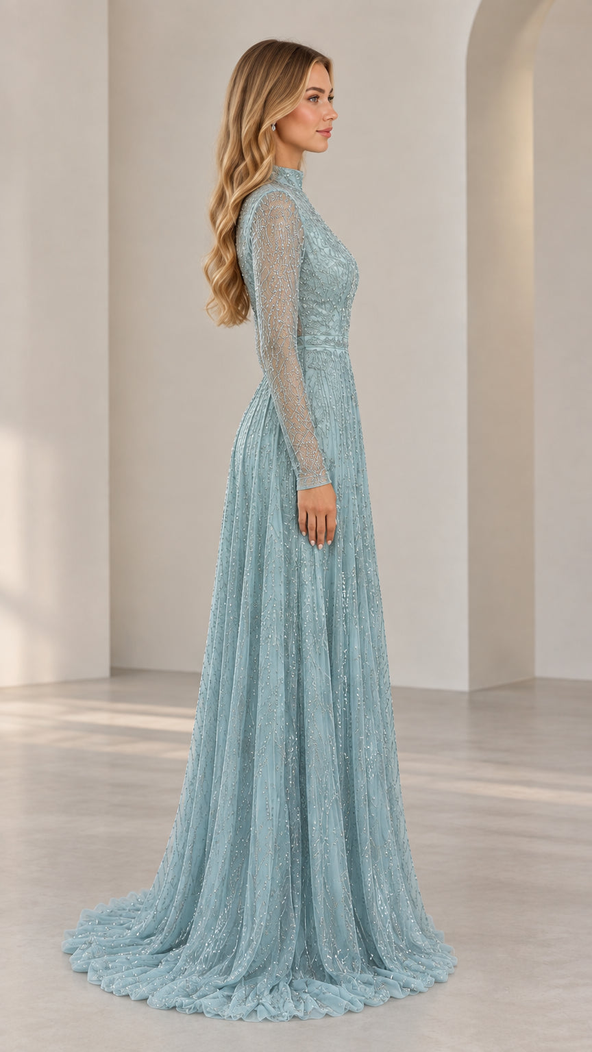 Side profile of Dusty Blue long sleeve beaded formal maxi dress