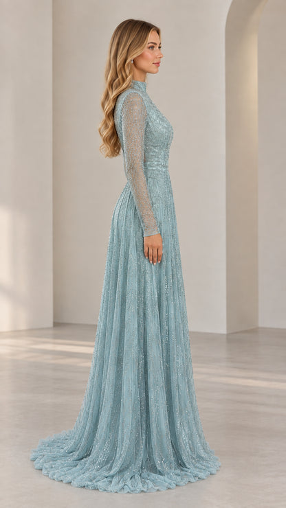 Side profile of Dusty Blue long sleeve beaded formal maxi dress