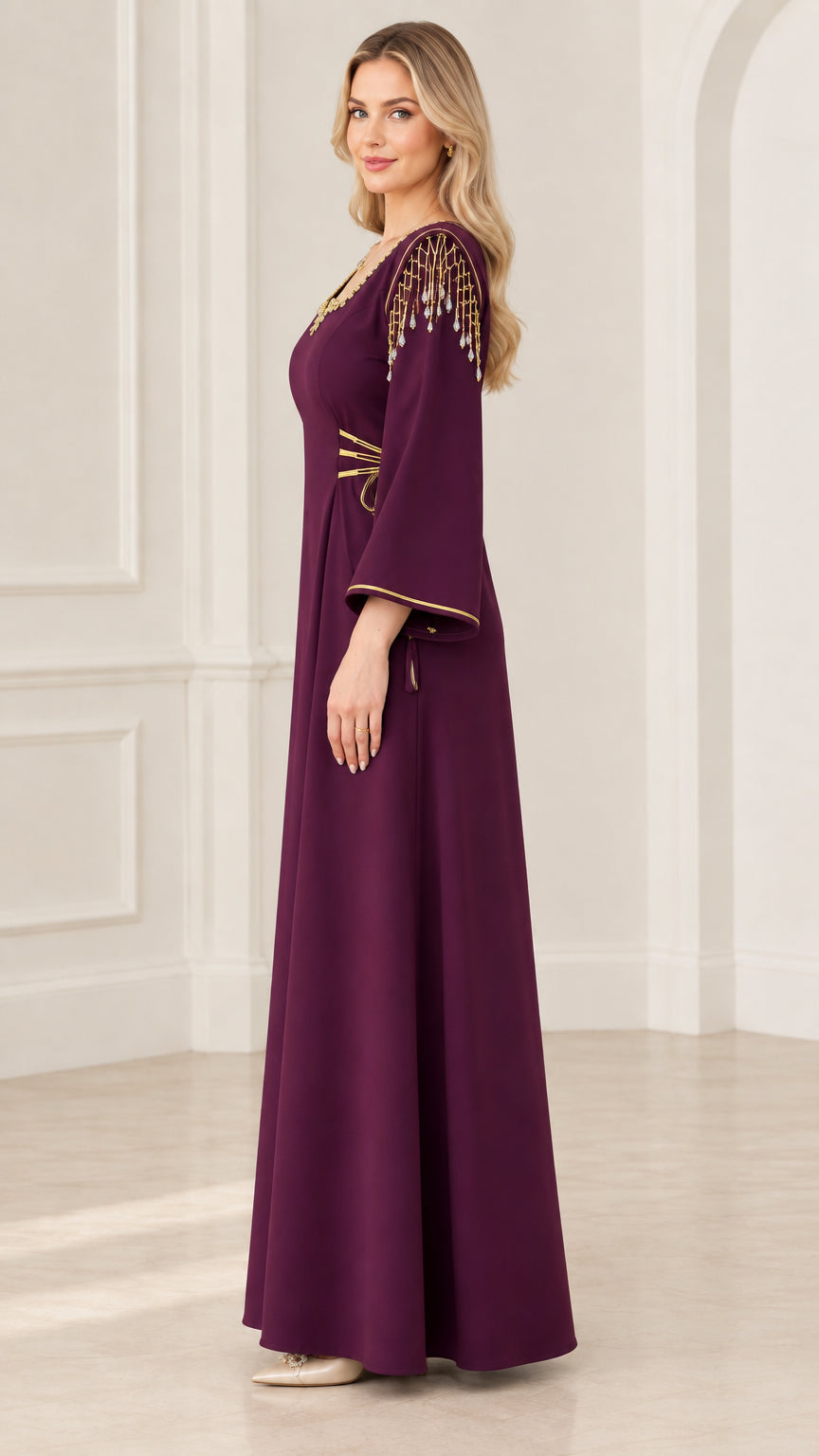 Side profile of deep purple formal maxi gown showcasing sleeve and waist details