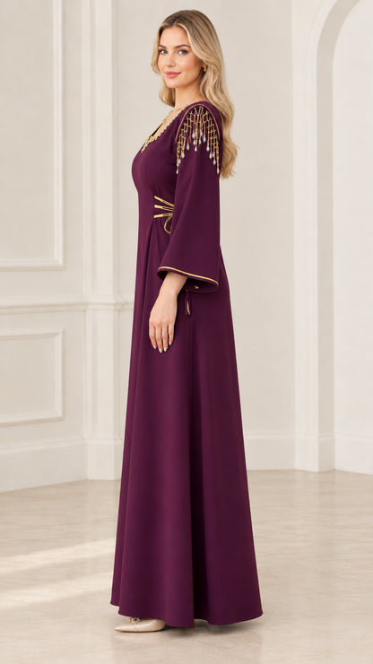 Side profile of deep purple formal maxi gown showcasing sleeve and waist details