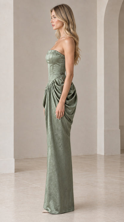 Side profile of Sage Green strapless boned corset evening dress with draped hip pleats