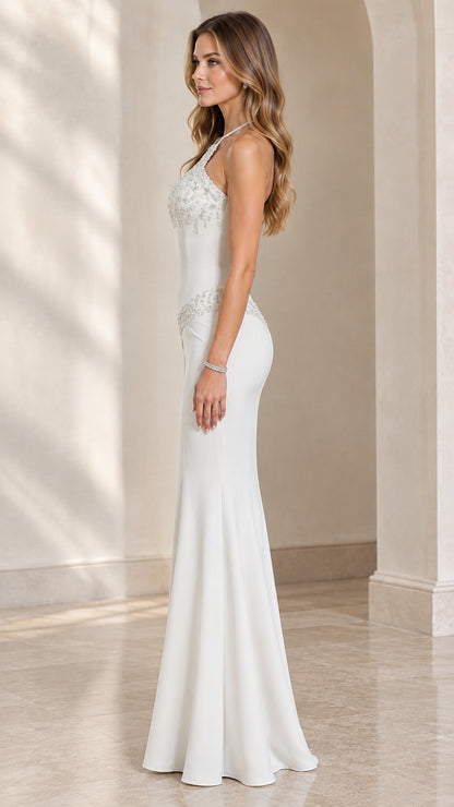 Side profile of white halter neck floor-length mermaid formal dress