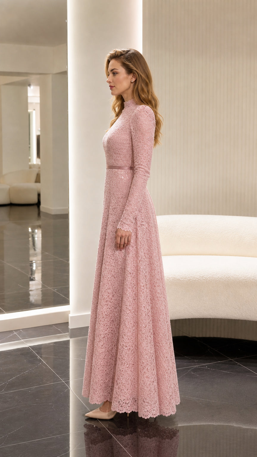 Dusty Pink formal lace gown side profile view