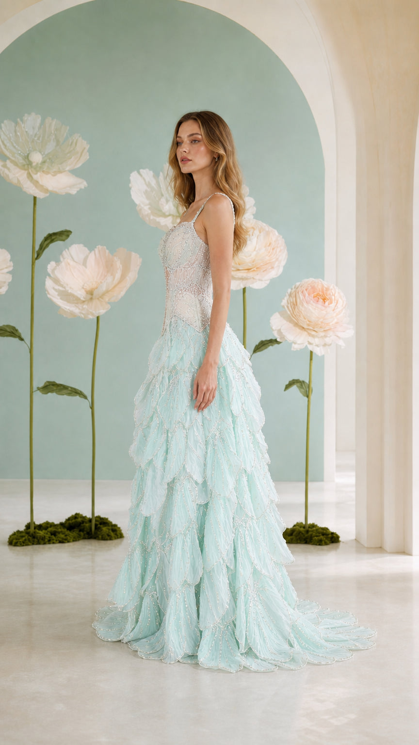 Mint green formal ball gown side angle view showing skirt volume