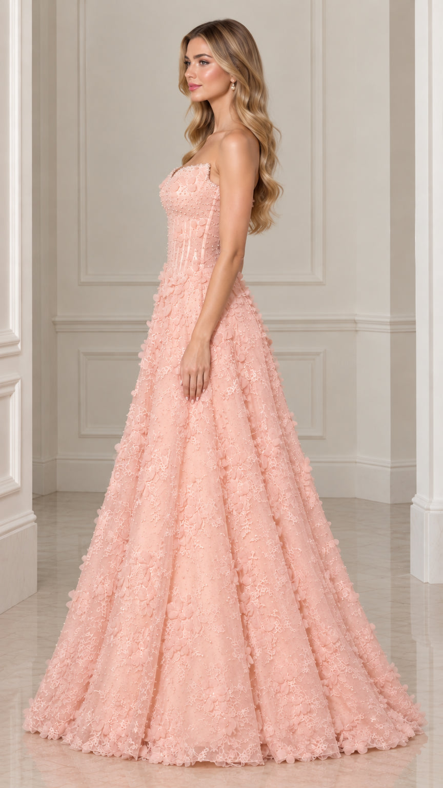 Side profile of model in Blush Pink 3D floral A-line formal ball gown