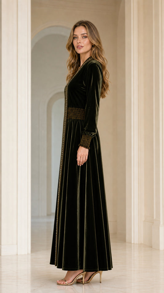 Side profile view of model in Dark Green velvet kaftan dress with smocked waist