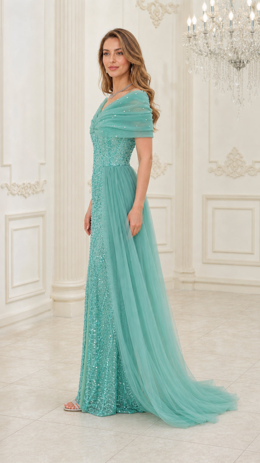 Side angle view of aqua green sequin floor-length formal dress