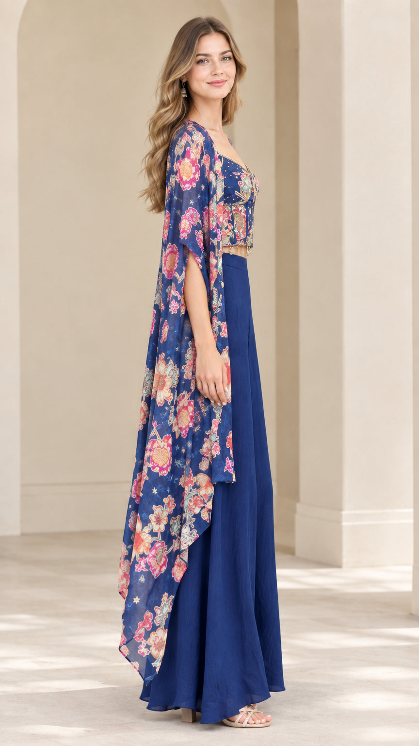 Side profile of royal blue floral print cape and wide-leg trousers