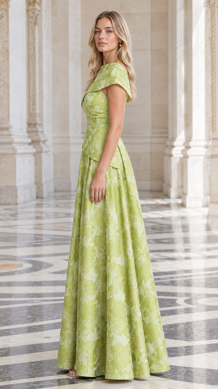 Model in Lime Green capelet A-line evening dress side view