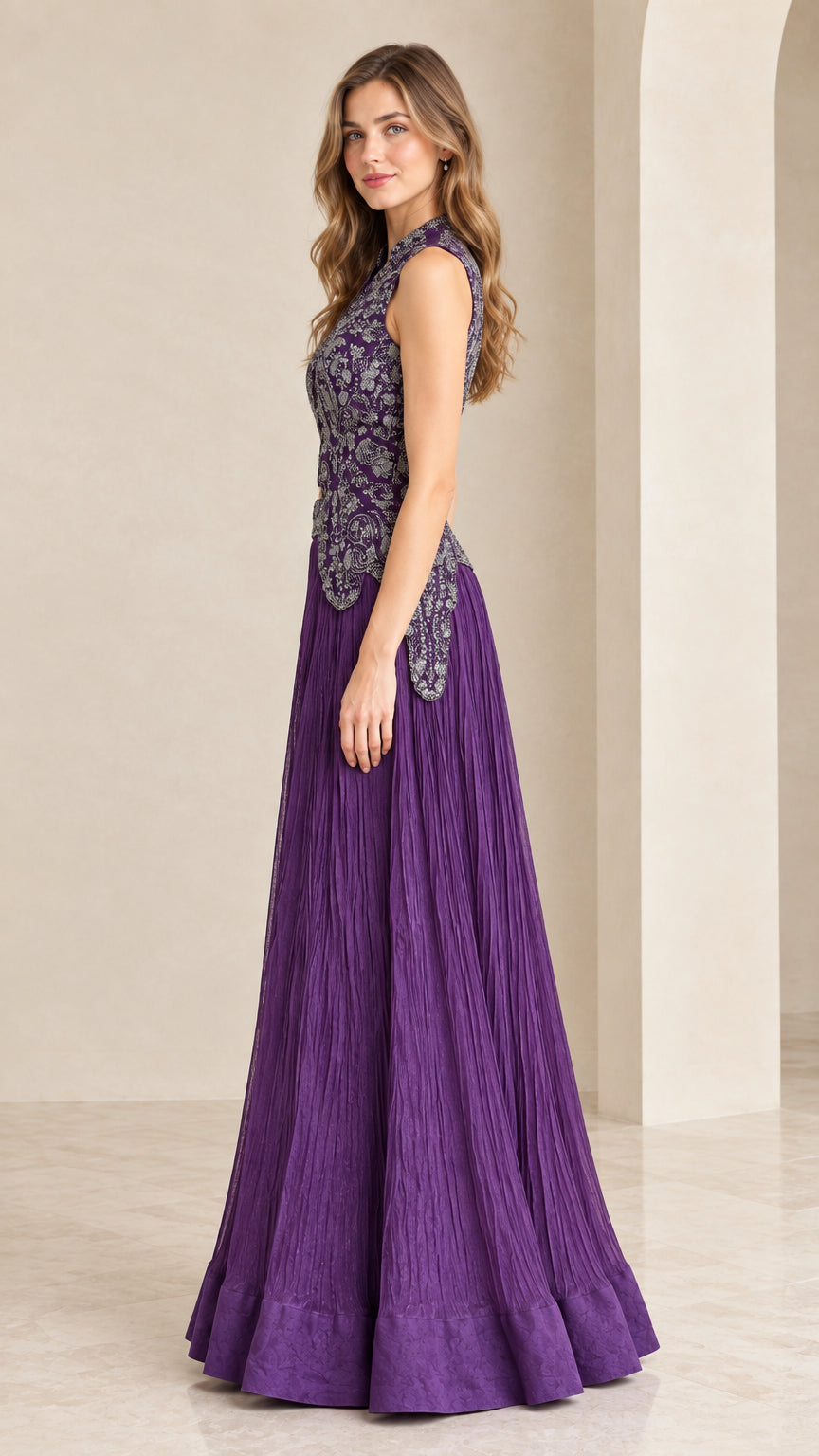 Side profile view of woman wearing purple embroidered maxi gown set