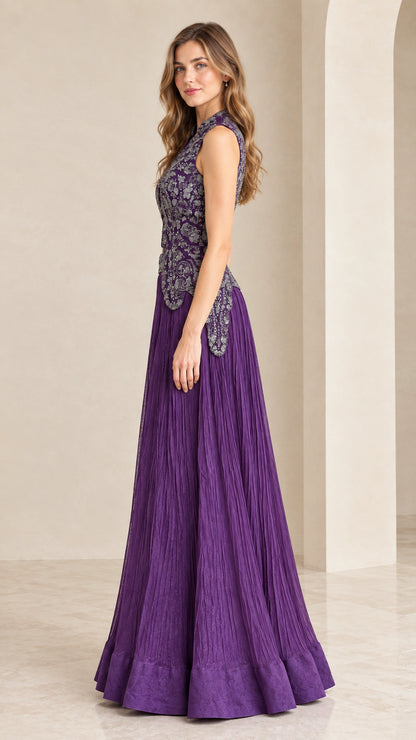 Side profile view of woman wearing purple embroidered maxi gown set