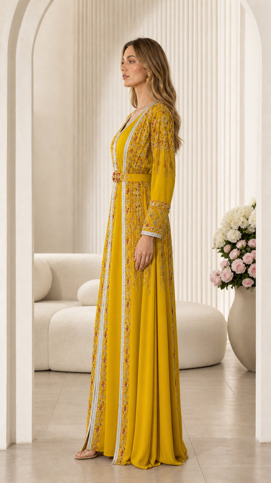 Side profile view of Mustard Yellow embroidered long sleeve formal kaftan gown